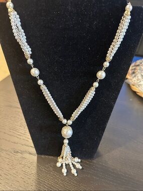 VTG Faux Pearl Tassel Necklace • Multi‑Strand Sautoir • Goldtone Caps • 24–27"